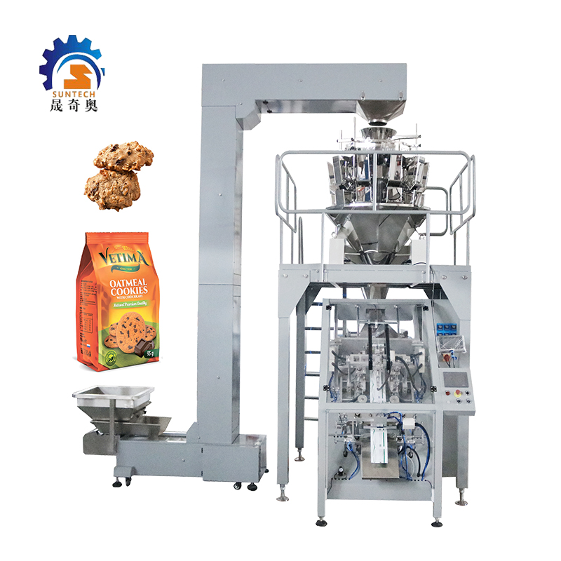 Automatic 95g 300g 500g Crumbly Oatmeal Cookies Bottom Flat Quad Bag VFFS Tilting Packing Machine