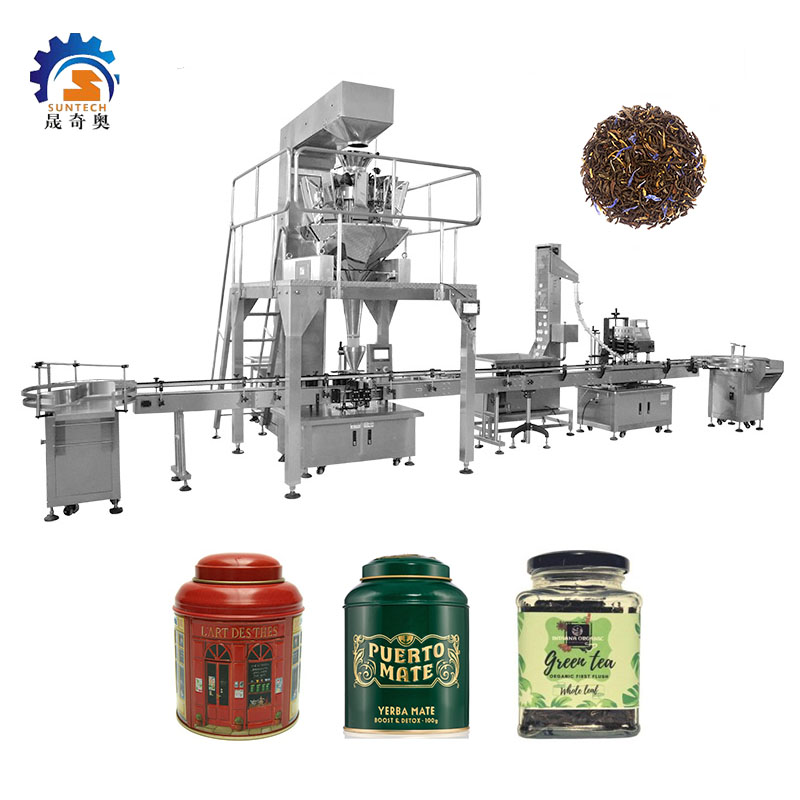 Automatic Granule Tin Can Green Tea Herbal Tea Black Tea Packing Labeling Machine With Weigher